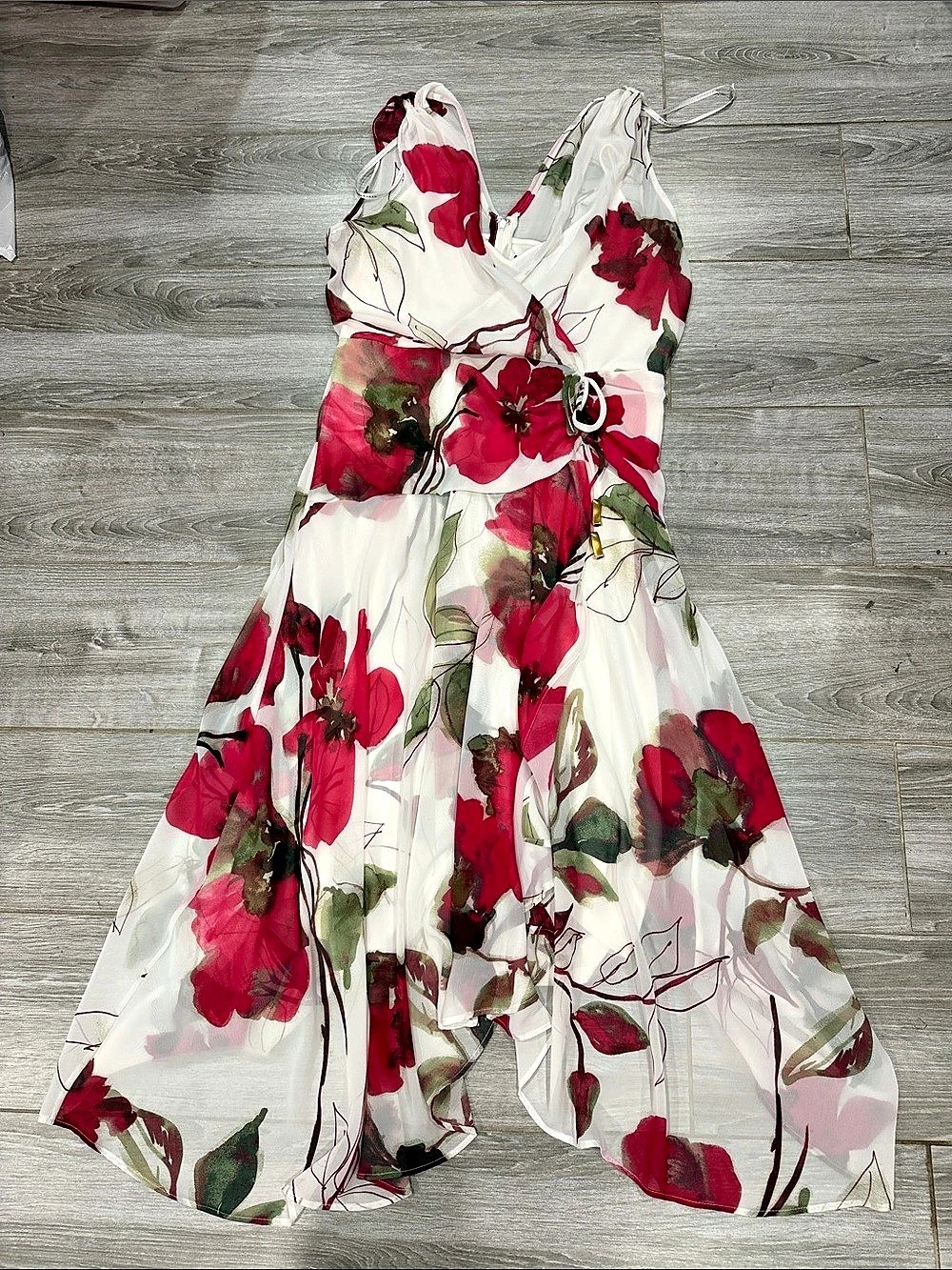 Donna Karan Floral Maxi Dress in White & Red Size 14
